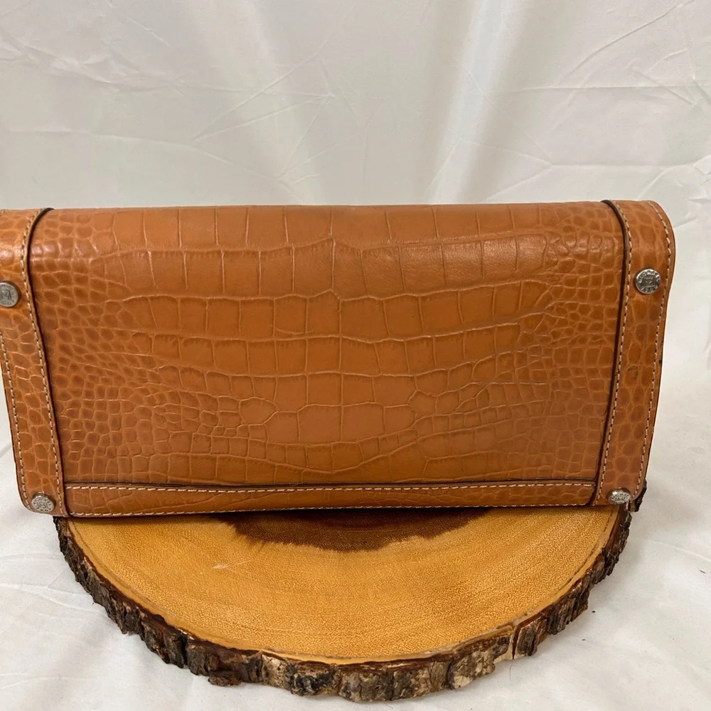 Cognac Croc-Embossed Leather Shoulder Bag with Silver Chain